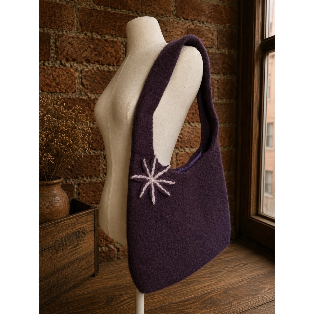 Vintage Purple Felted 100% Wool Shoulder Bag Purse Boho Hippie Cottagecore *READ